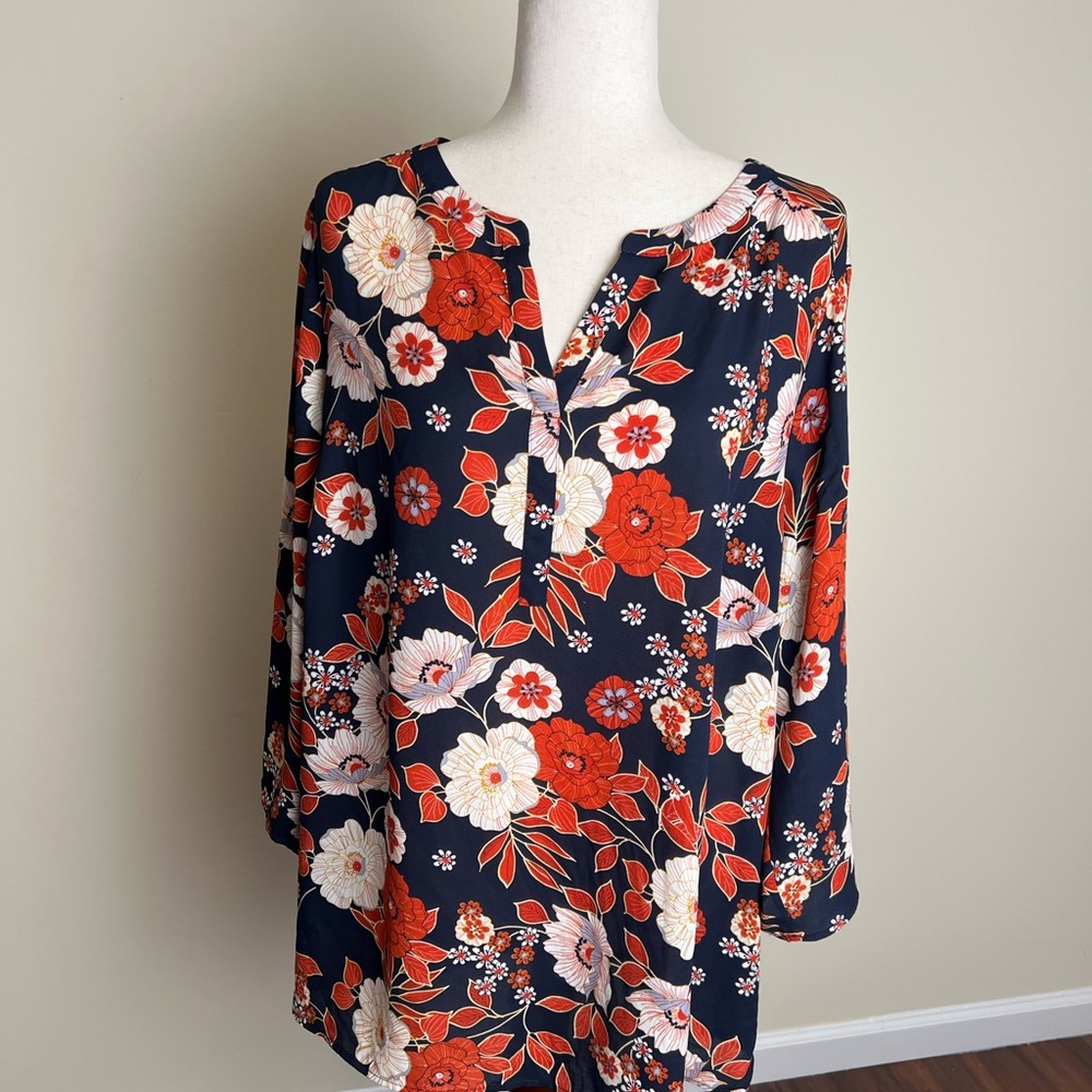 Daniel Rainn Floral Split Neck Tunic Top Women’s Plus 2X Navy Red White Boho